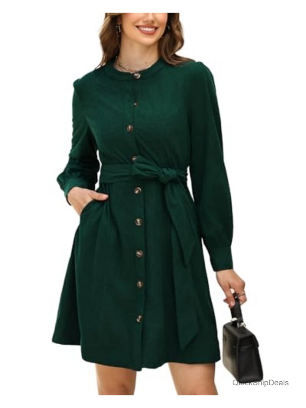 Women's Long Sleeve Corduroy Mini Dress Button Down Midi with Belt